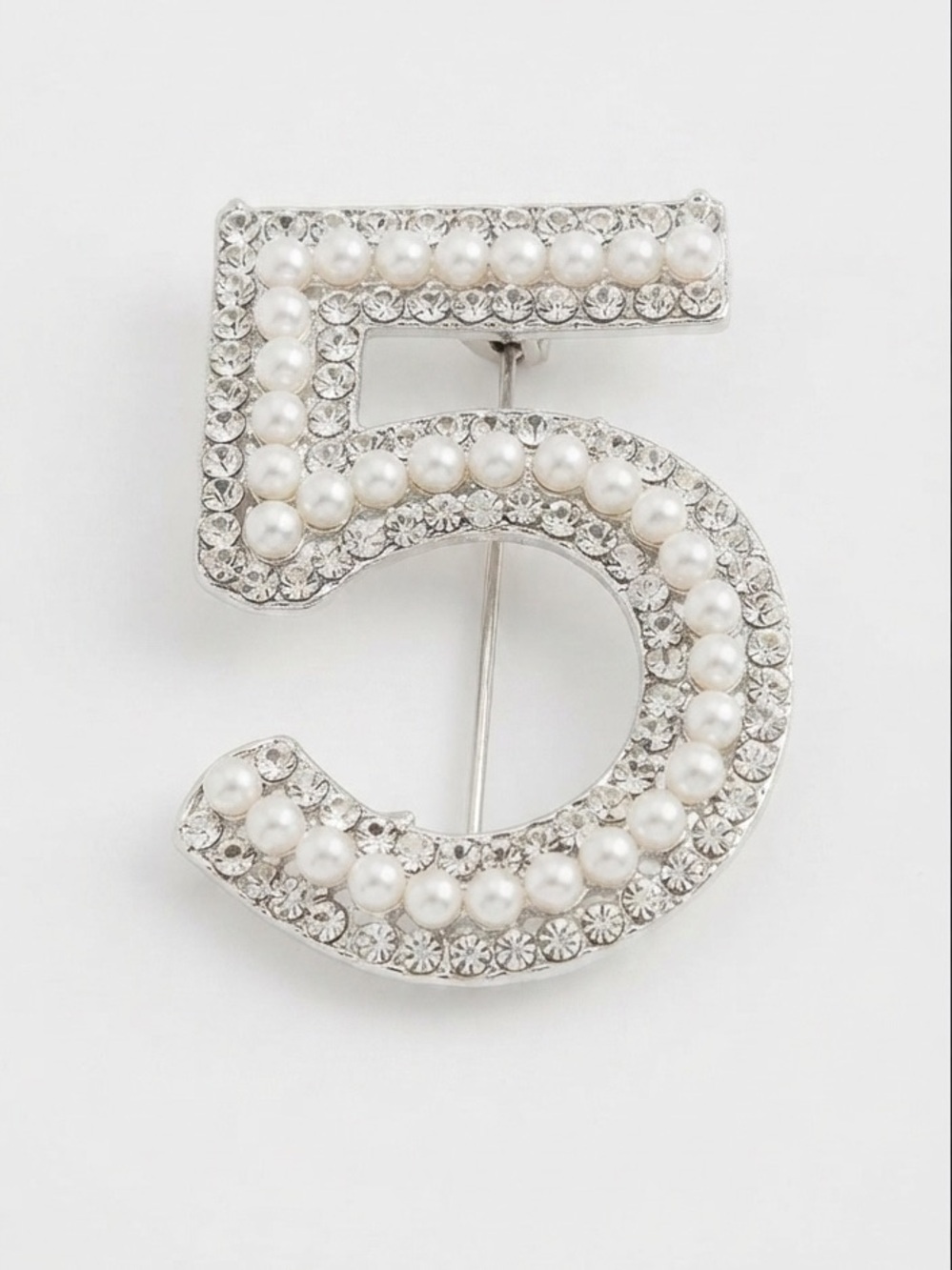 Silver and White Number 5 Faux Pearl & Crystal Brooch